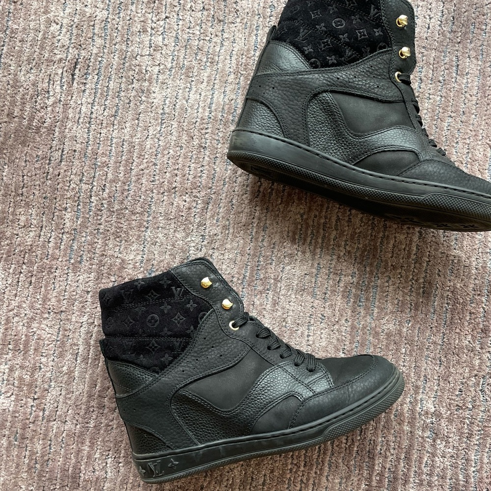 Louis Vuitton Black Leather And Embossed Monogram Suede Millenium Wedge Sneakers